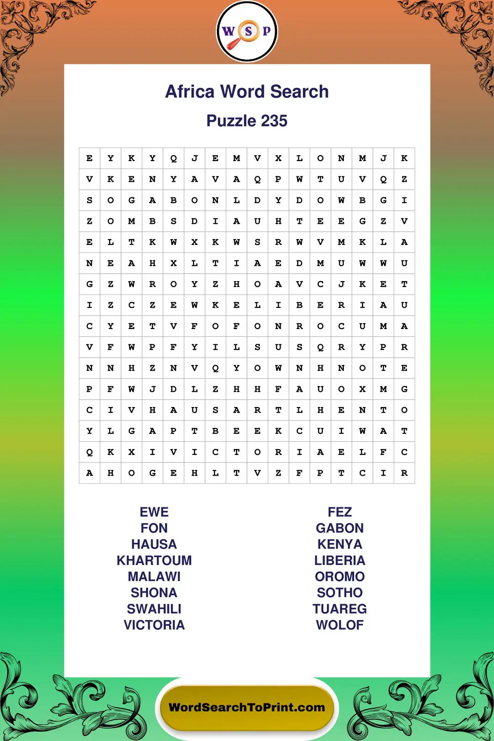 Africa Word Search Puzzle 235