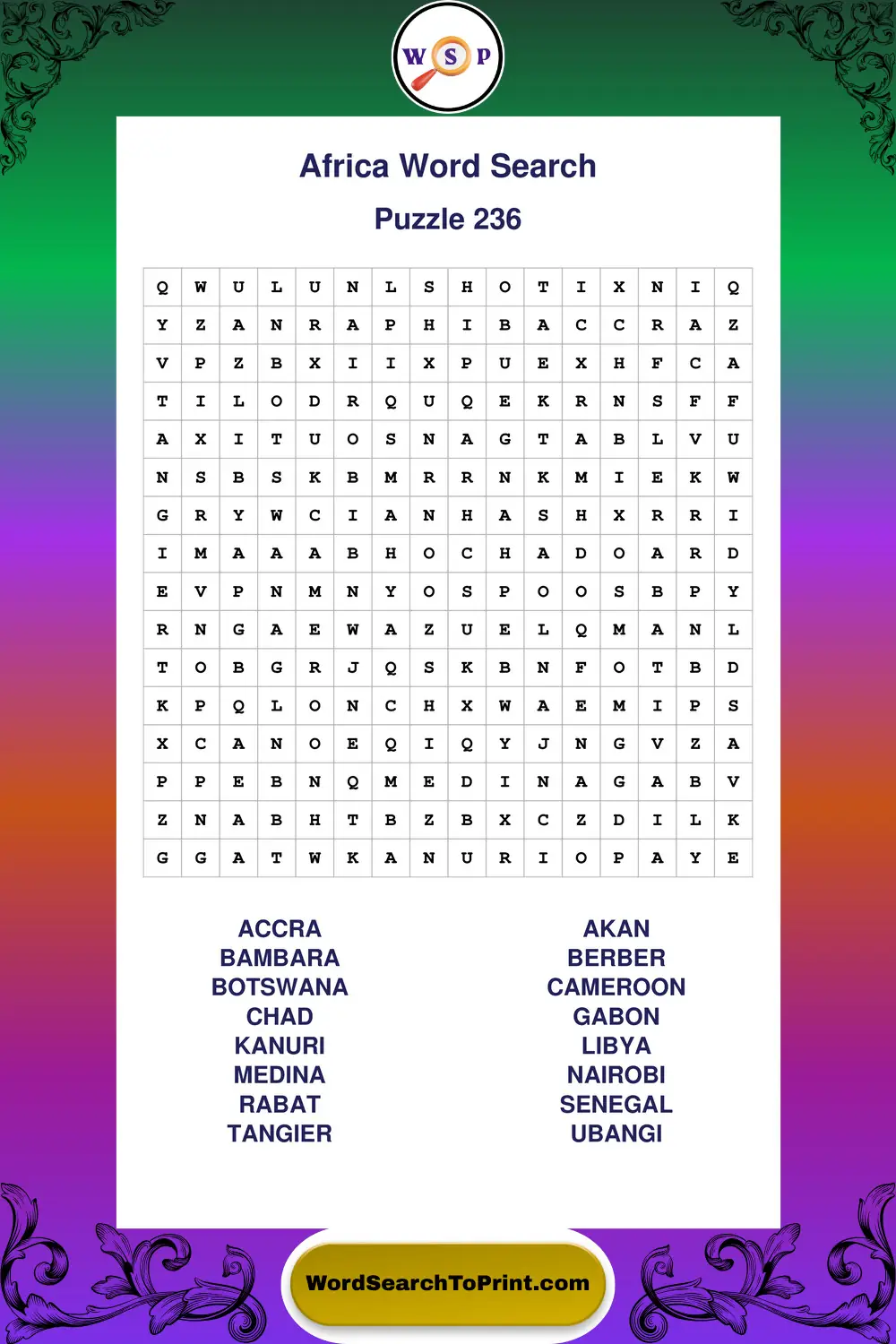 Africa Word Search Puzzle 236