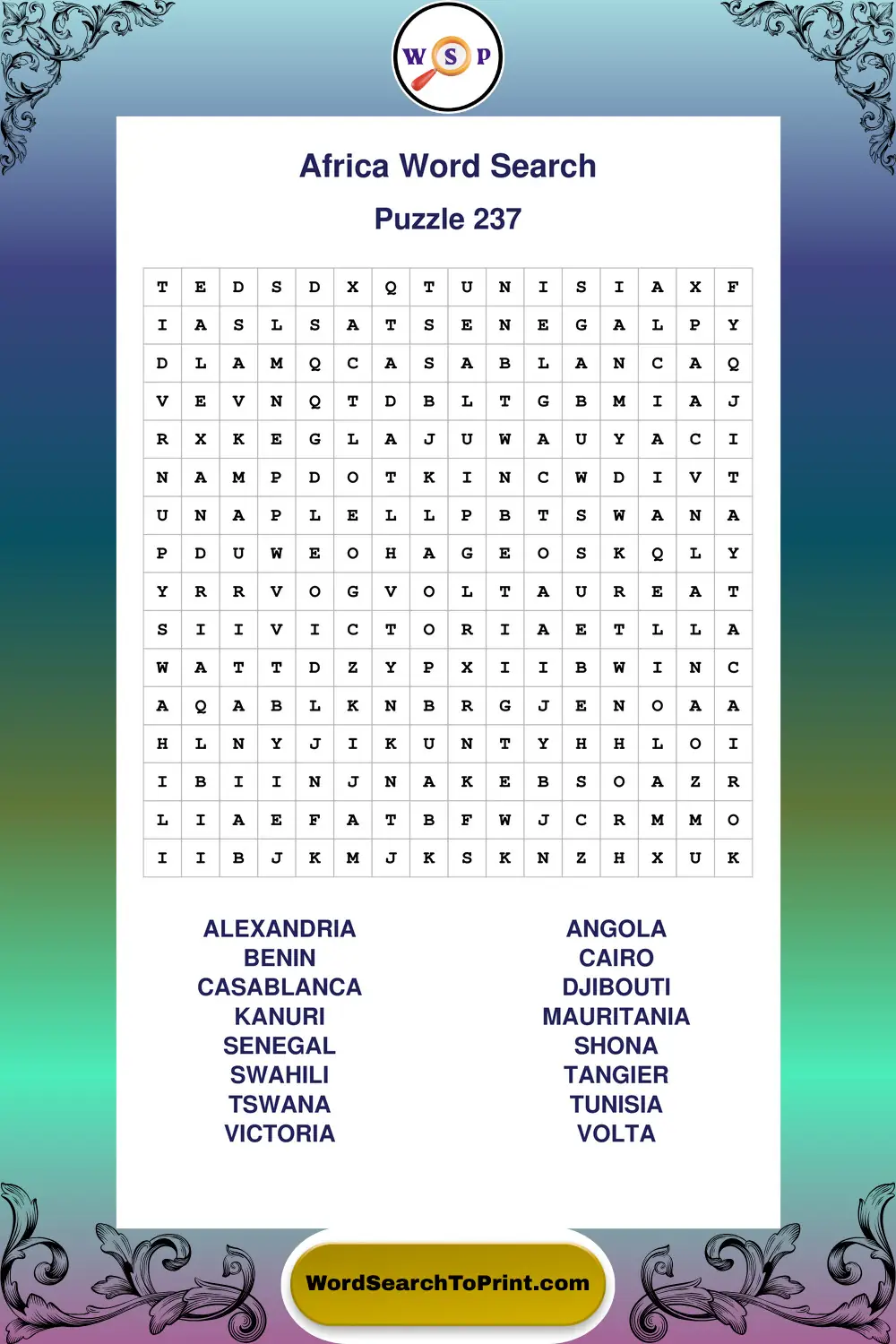 Africa Word Search Puzzle 237