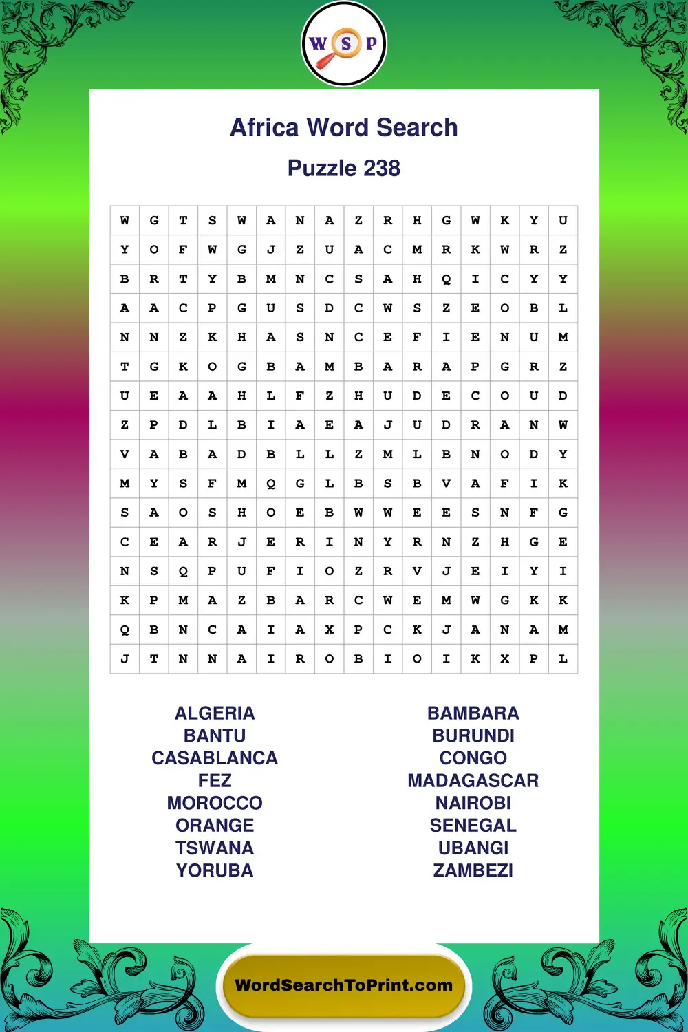 Africa Word Search Puzzle 238