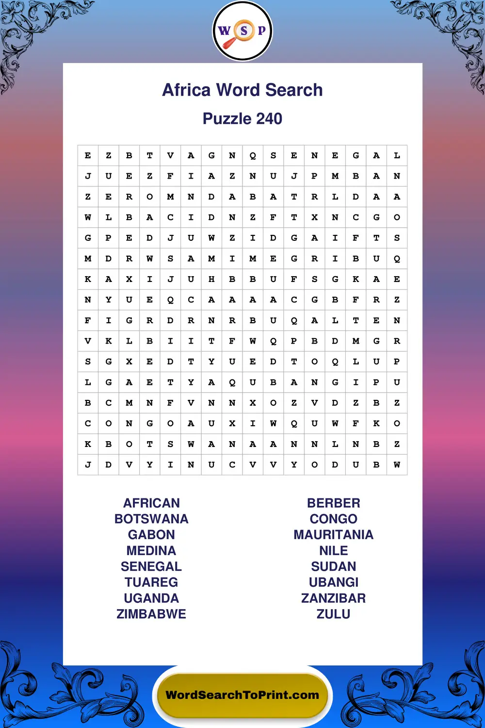 Africa Word Search Puzzle 240