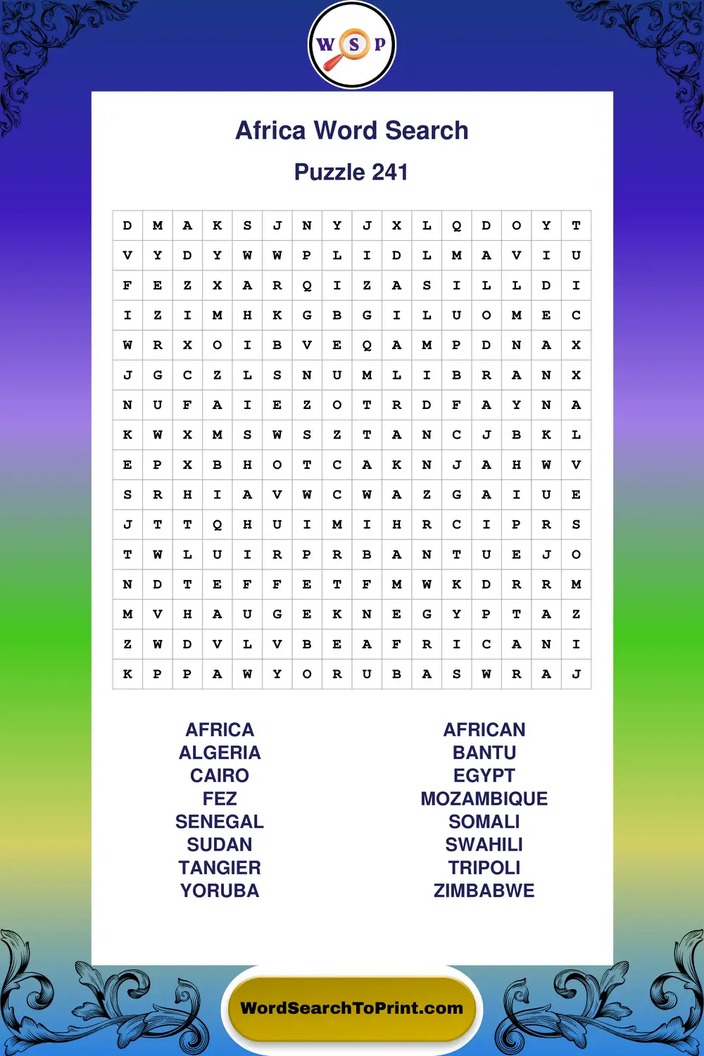 Africa Word Search Puzzle 241