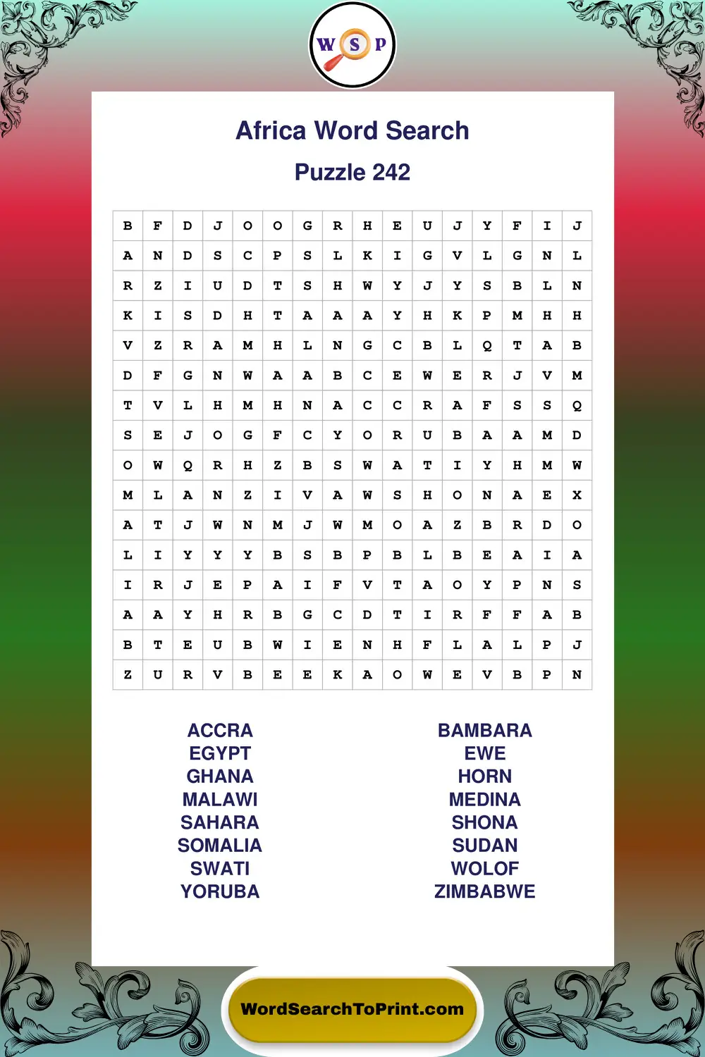 Africa Word Search Puzzle 242
