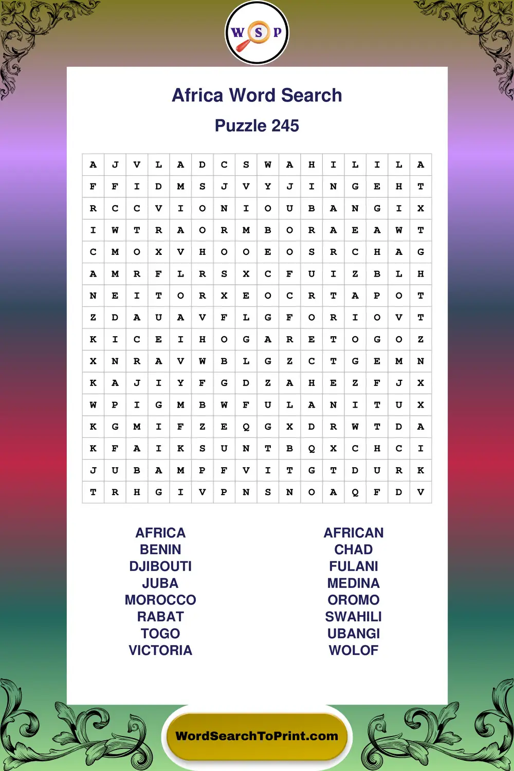 Africa Word Search Puzzle 245
