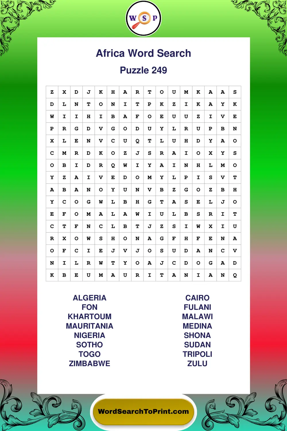 Africa Word Search Puzzle 249