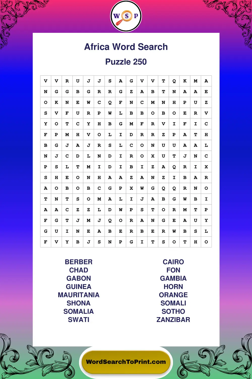 Africa Word Search Puzzle 250