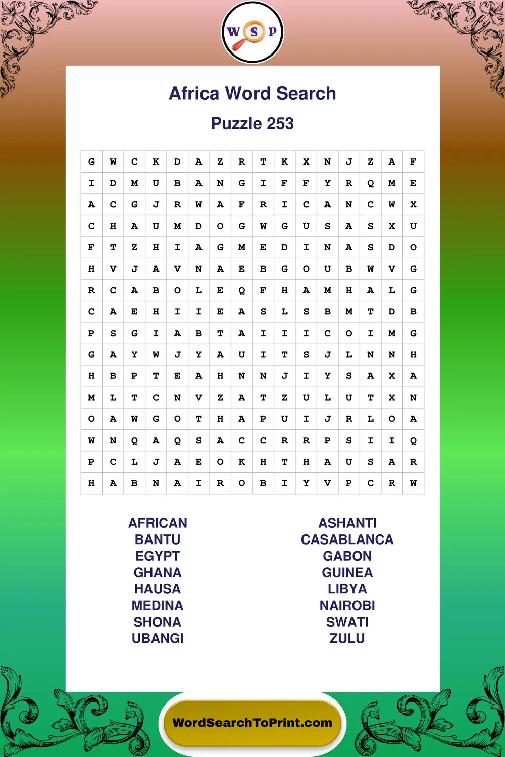 Africa Word Search Puzzle 253