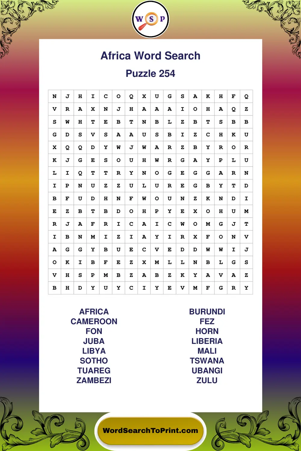 Africa Word Search Puzzle 254