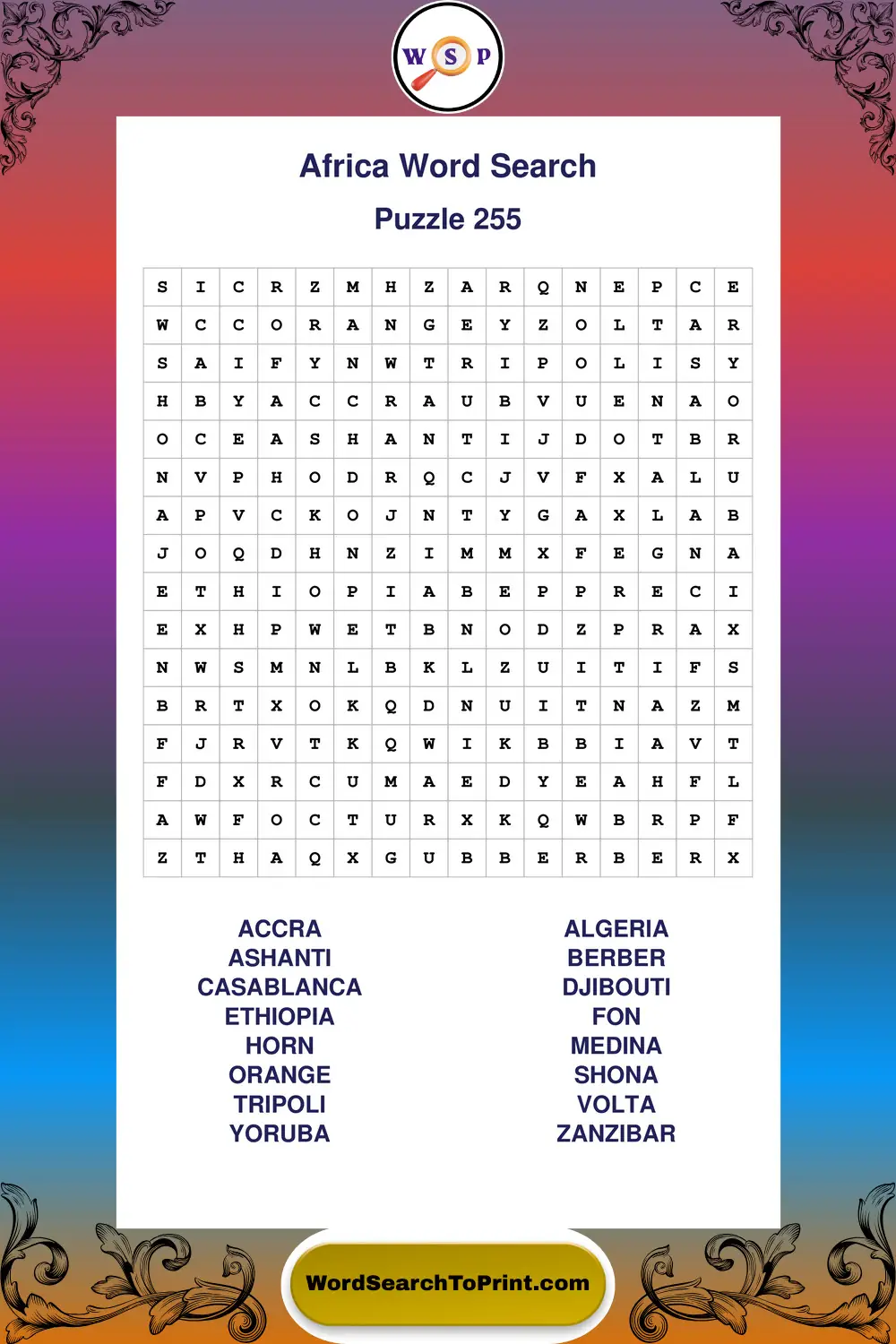 Africa Word Search Puzzle 255