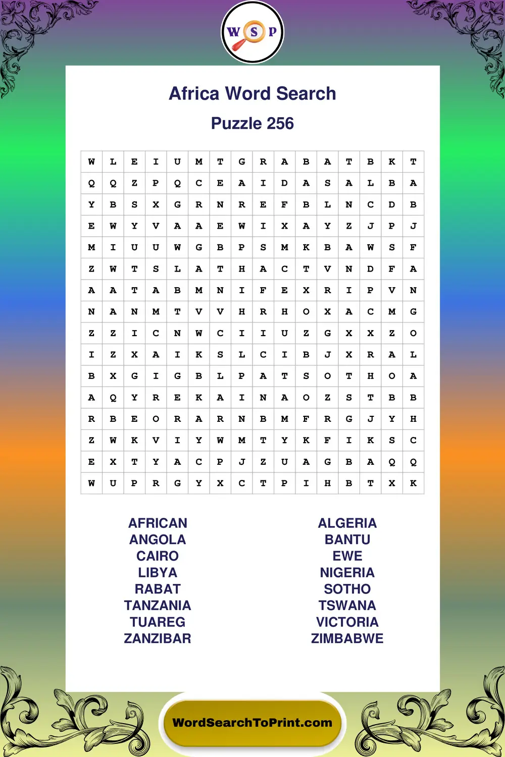 Africa Word Search Puzzle 256
