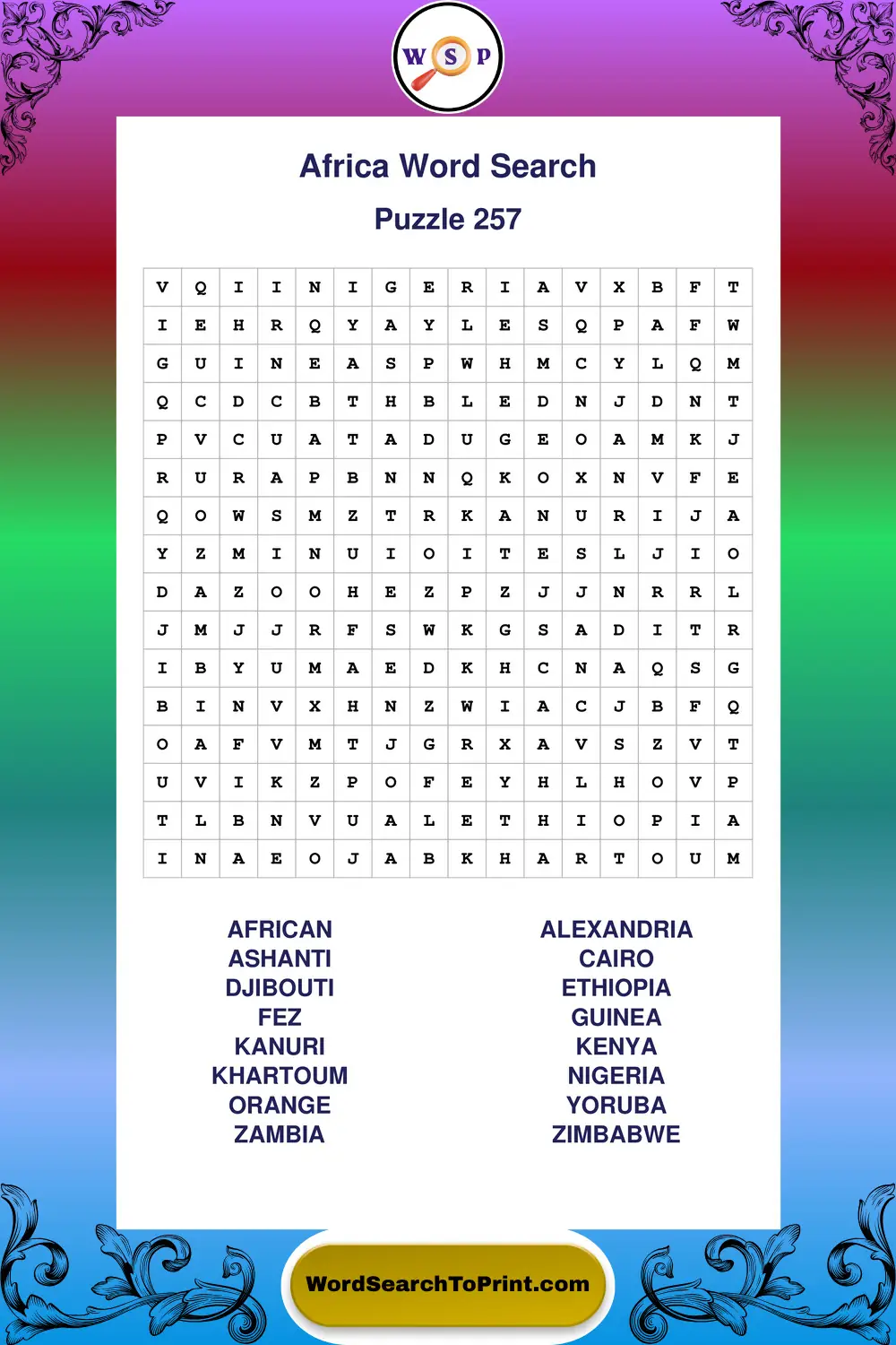 Africa Word Search Puzzle 257