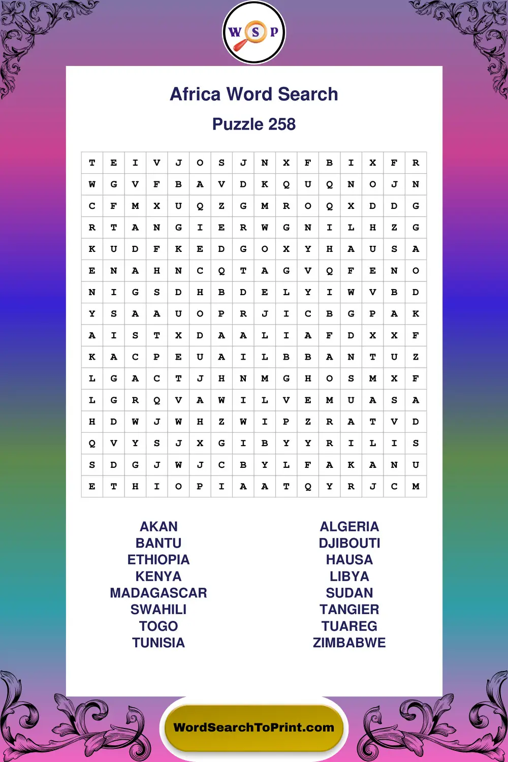 Africa Word Search Puzzle 258