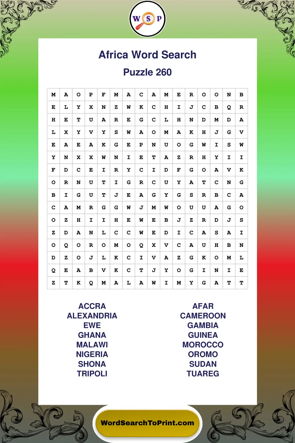 Africa Word Search Puzzle 260
