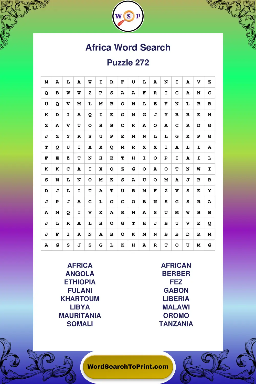 Africa Word Search Puzzle 272