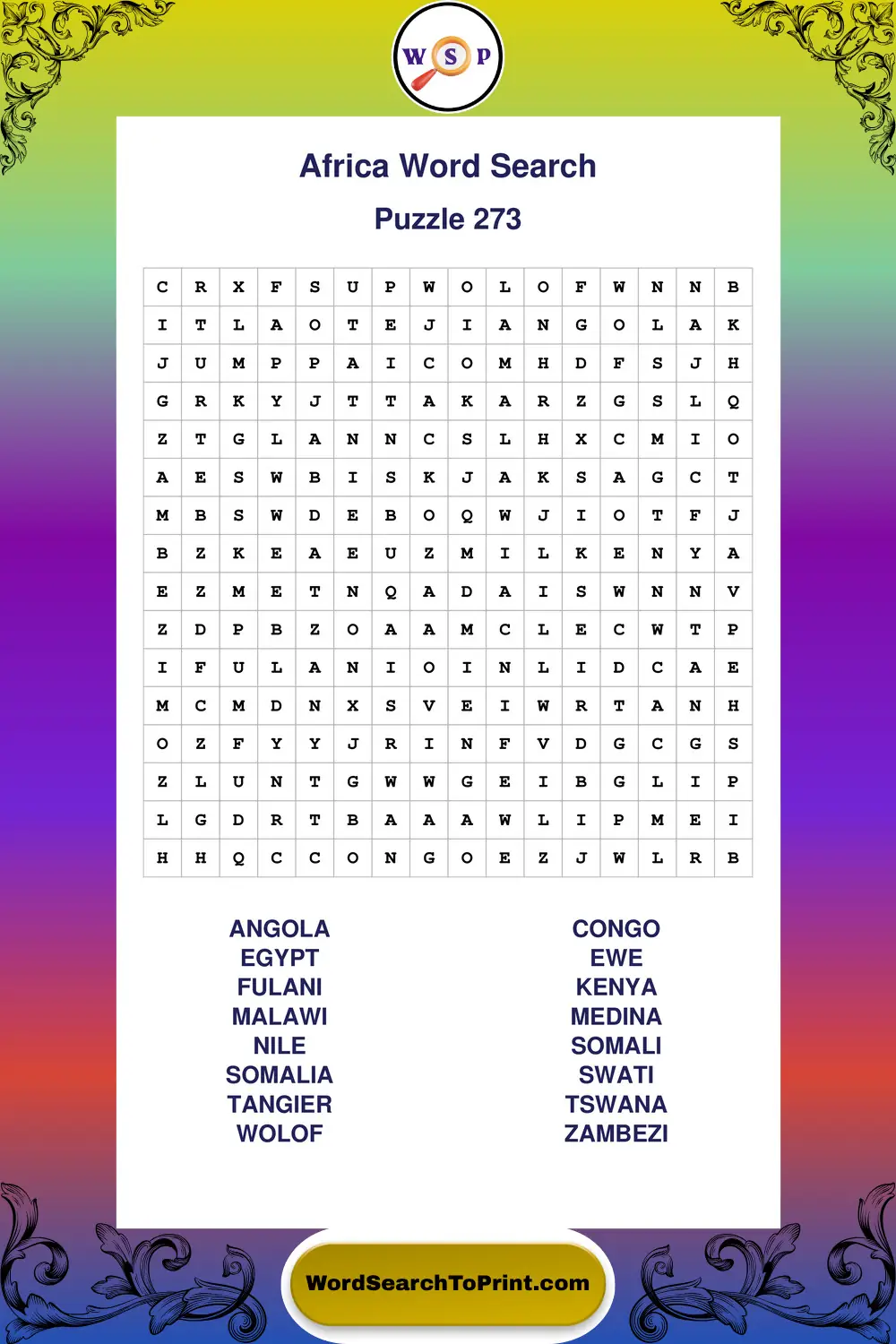 Africa Word Search Puzzle 273