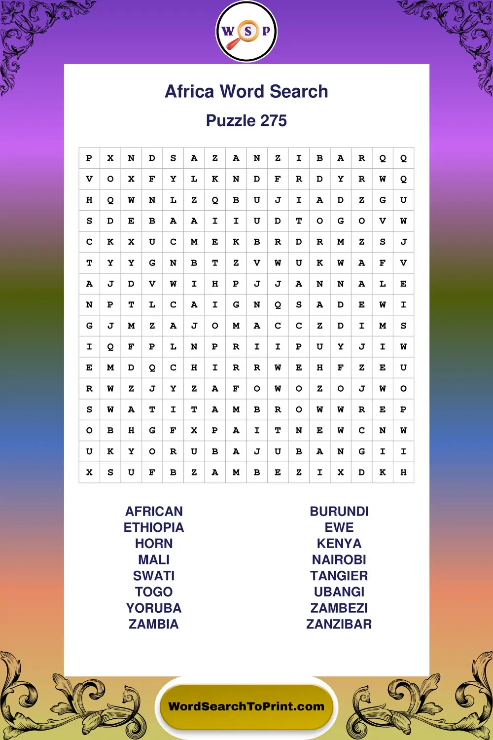 Africa Word Search Puzzle 275