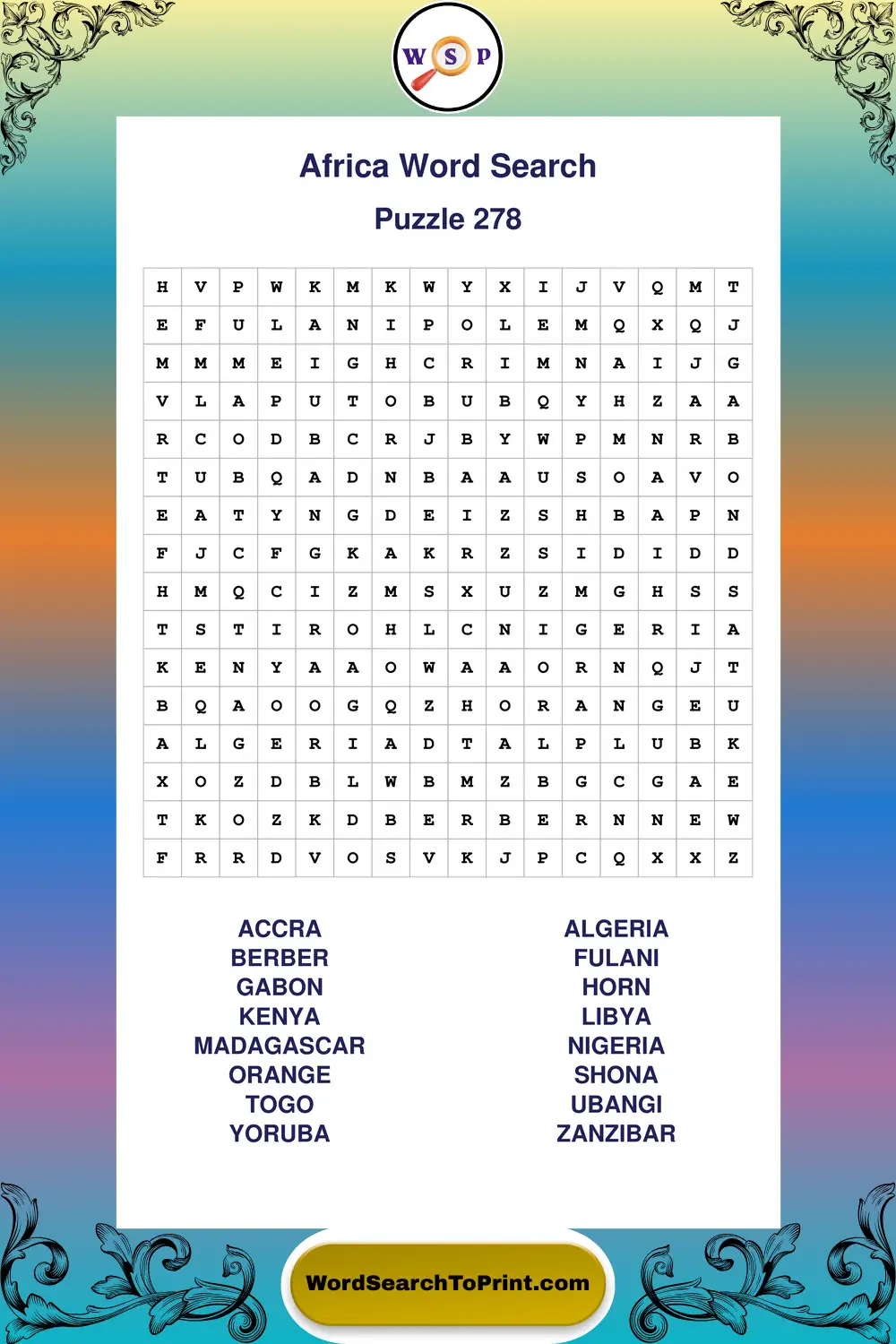 Africa Word Search Puzzle 278