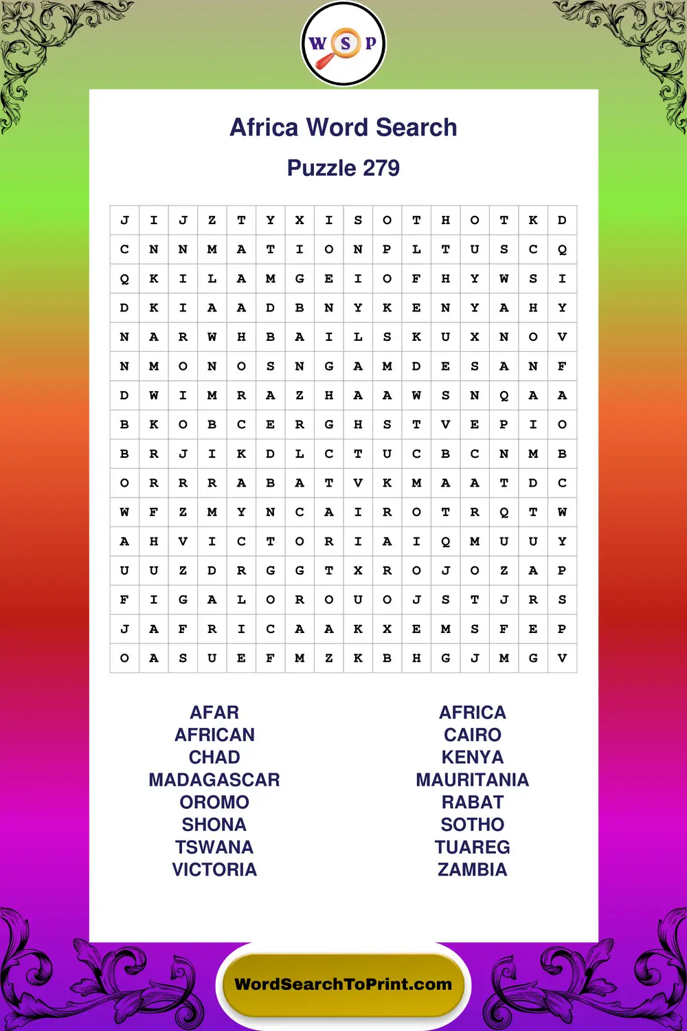 Africa Word Search Puzzle 279