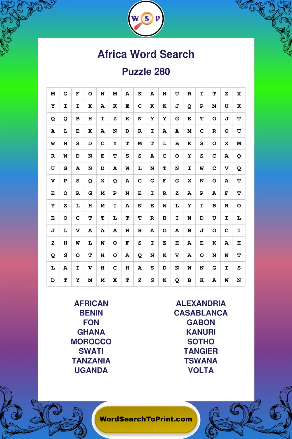 Africa Word Search Puzzle 280