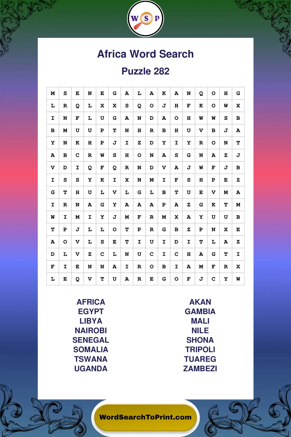 Africa Word Search Puzzle 282