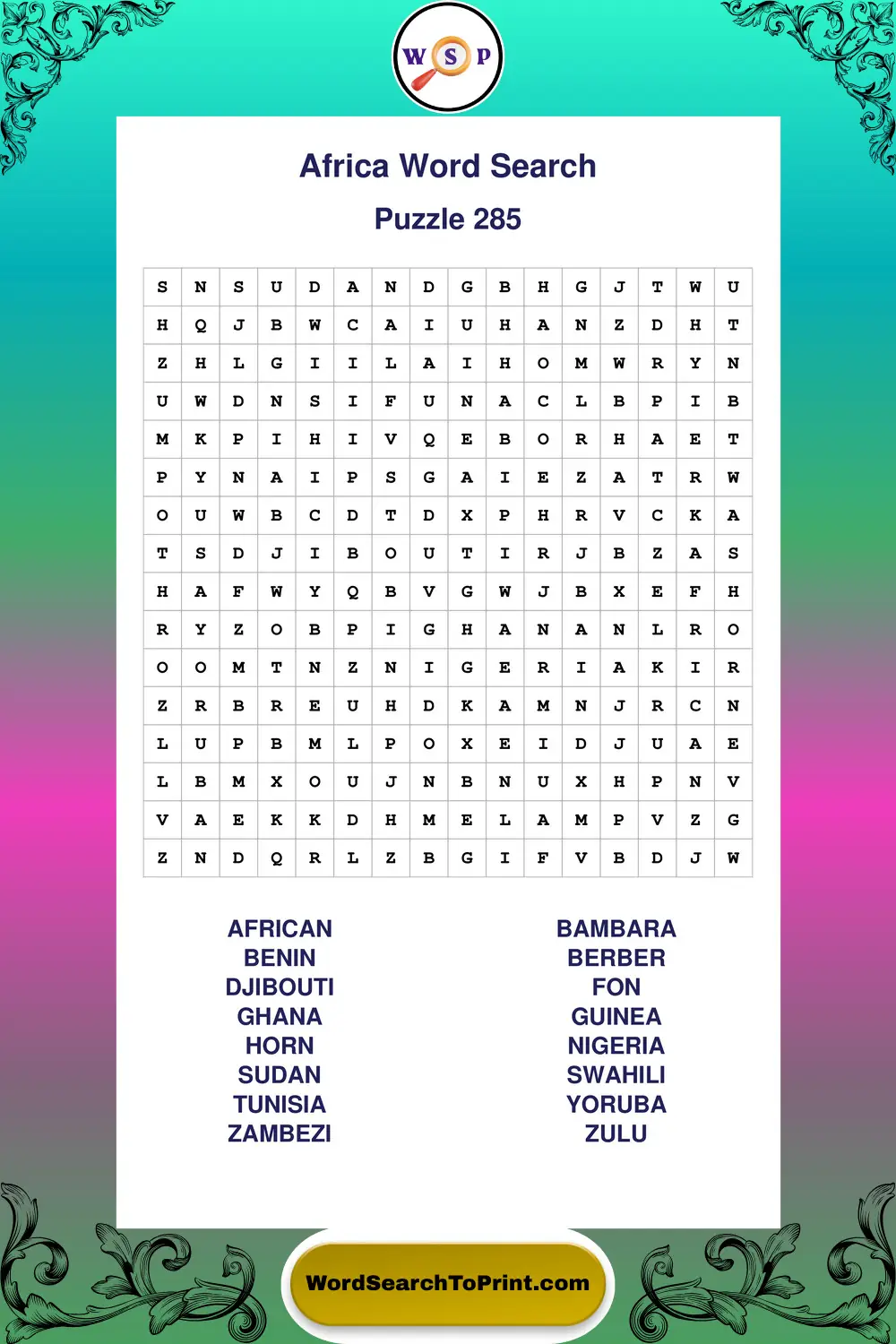 Africa Word Search Puzzle 285