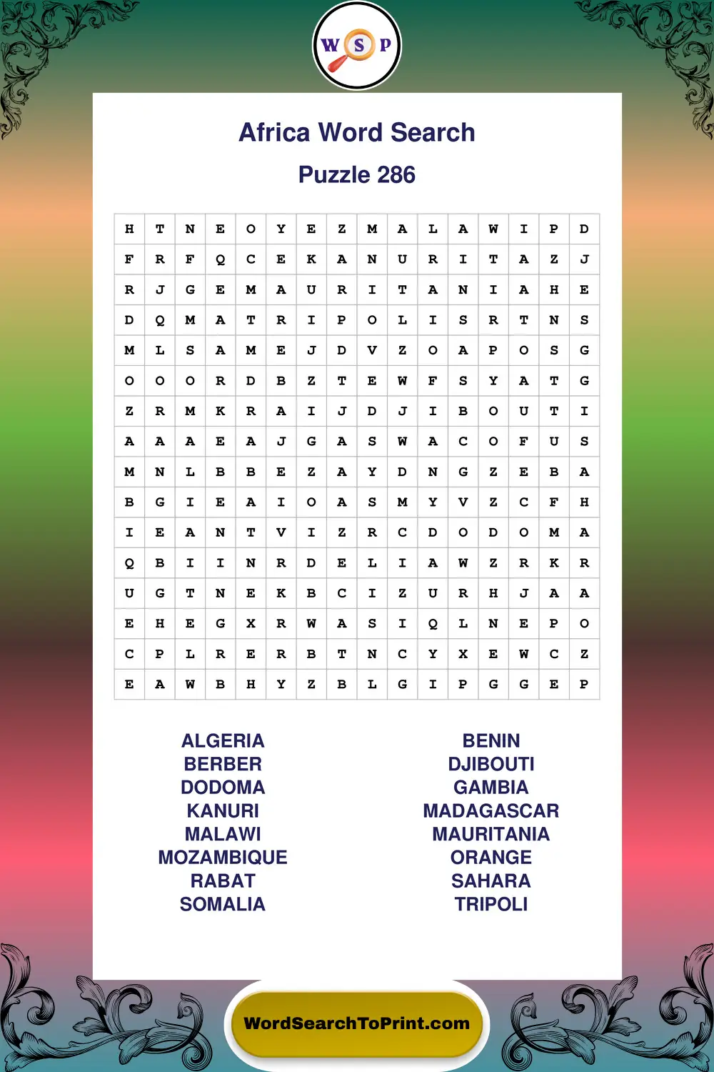 Africa Word Search Puzzle 286