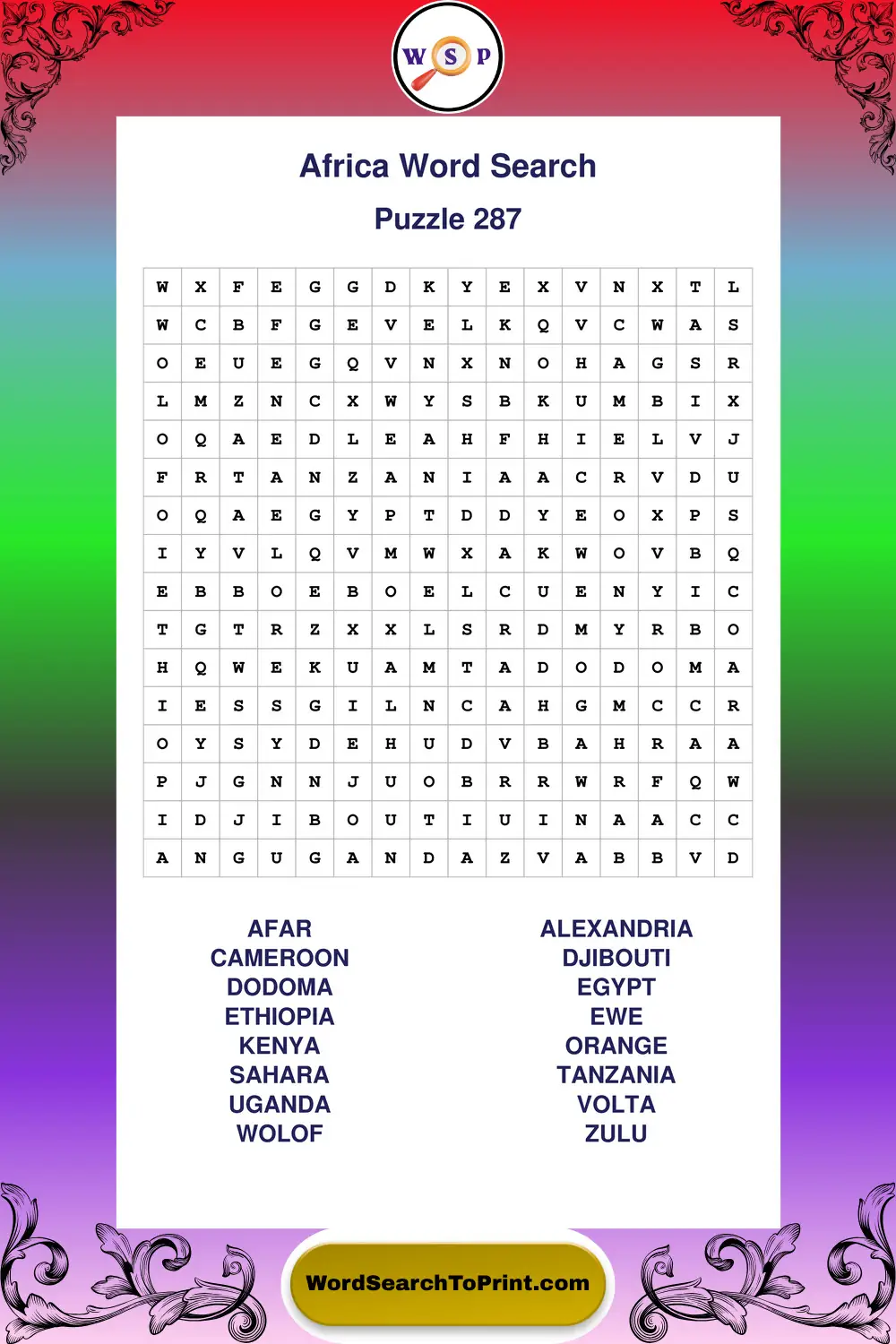 Africa Word Search Puzzle 287