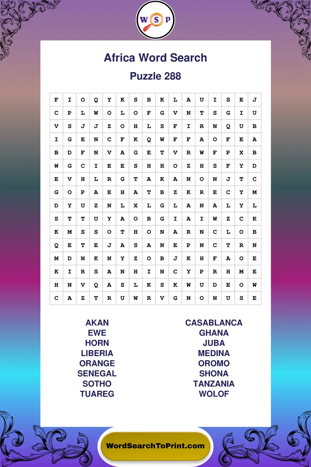 Africa Word Search Puzzle 288