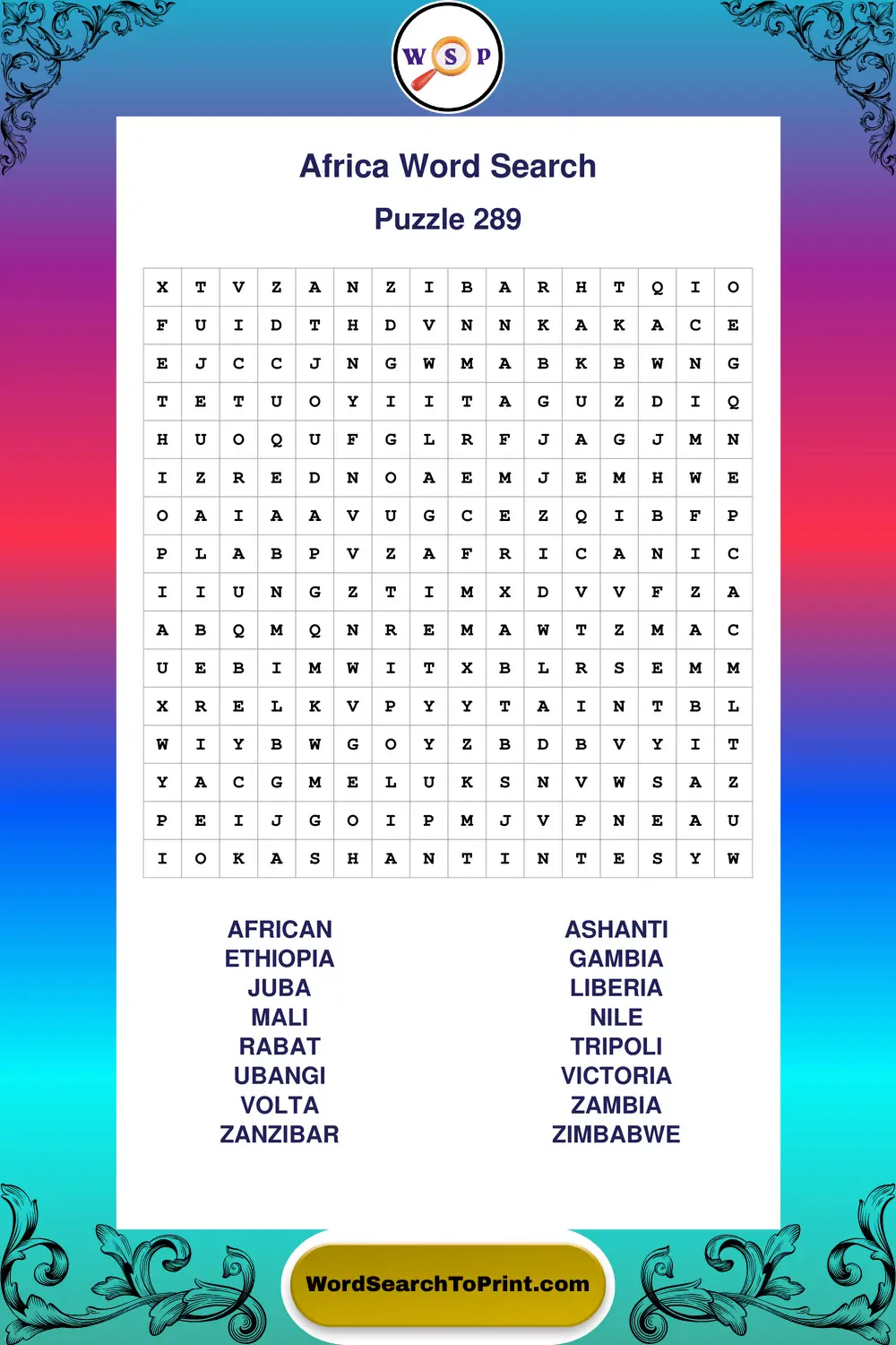 Africa Word Search Puzzle 289