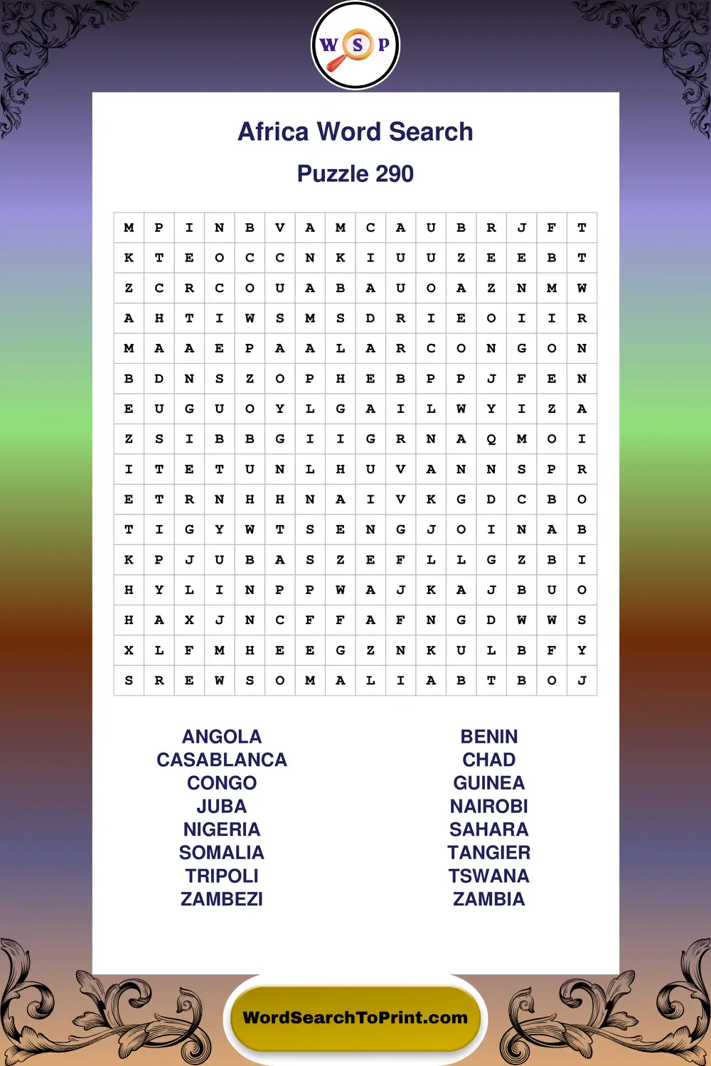 Africa Word Search Puzzle 290