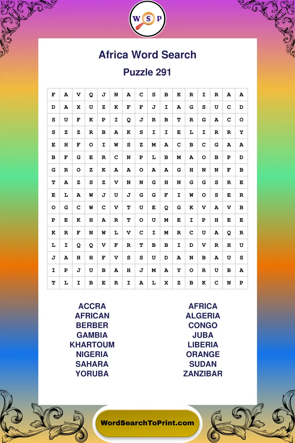 Africa Word Search Puzzle 291