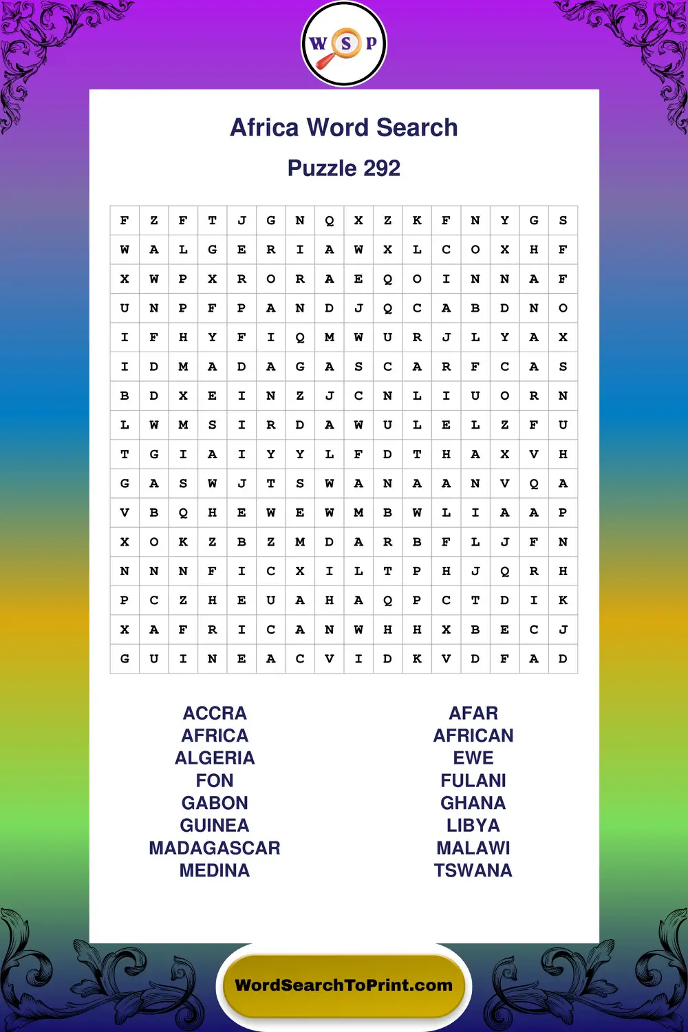 Africa Word Search Puzzle 292
