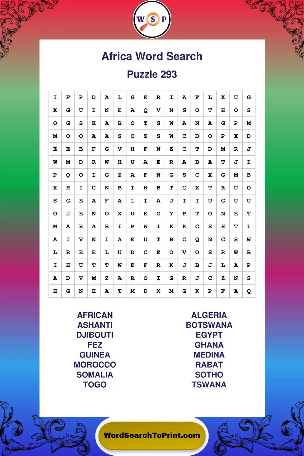 Africa Word Search Puzzle 293
