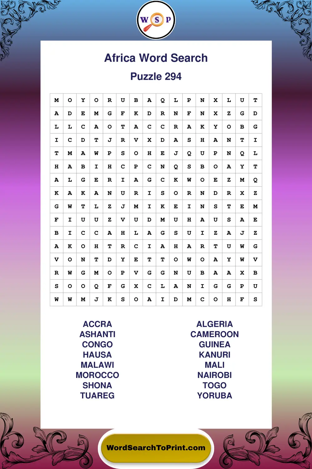 Africa Word Search Puzzle 294