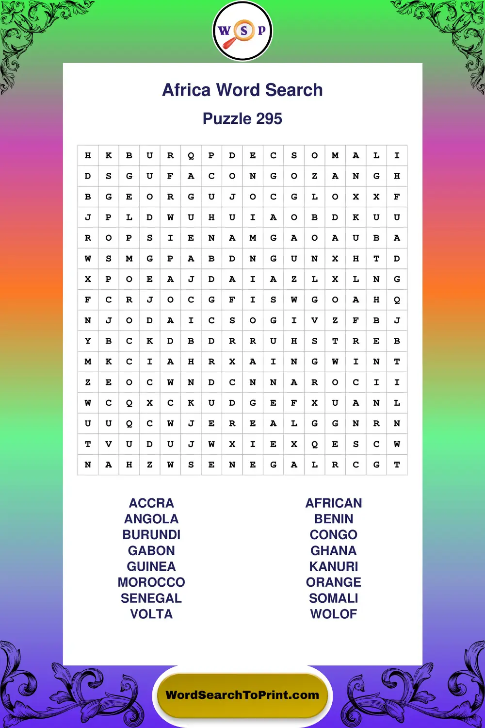 Africa Word Search Puzzle 295
