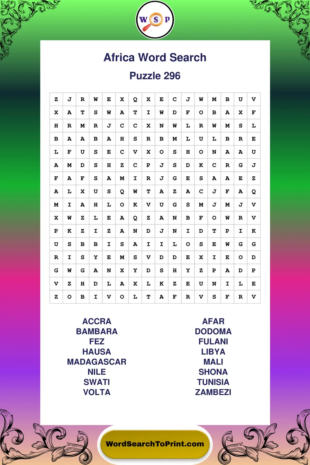 Africa Word Search Puzzle 296