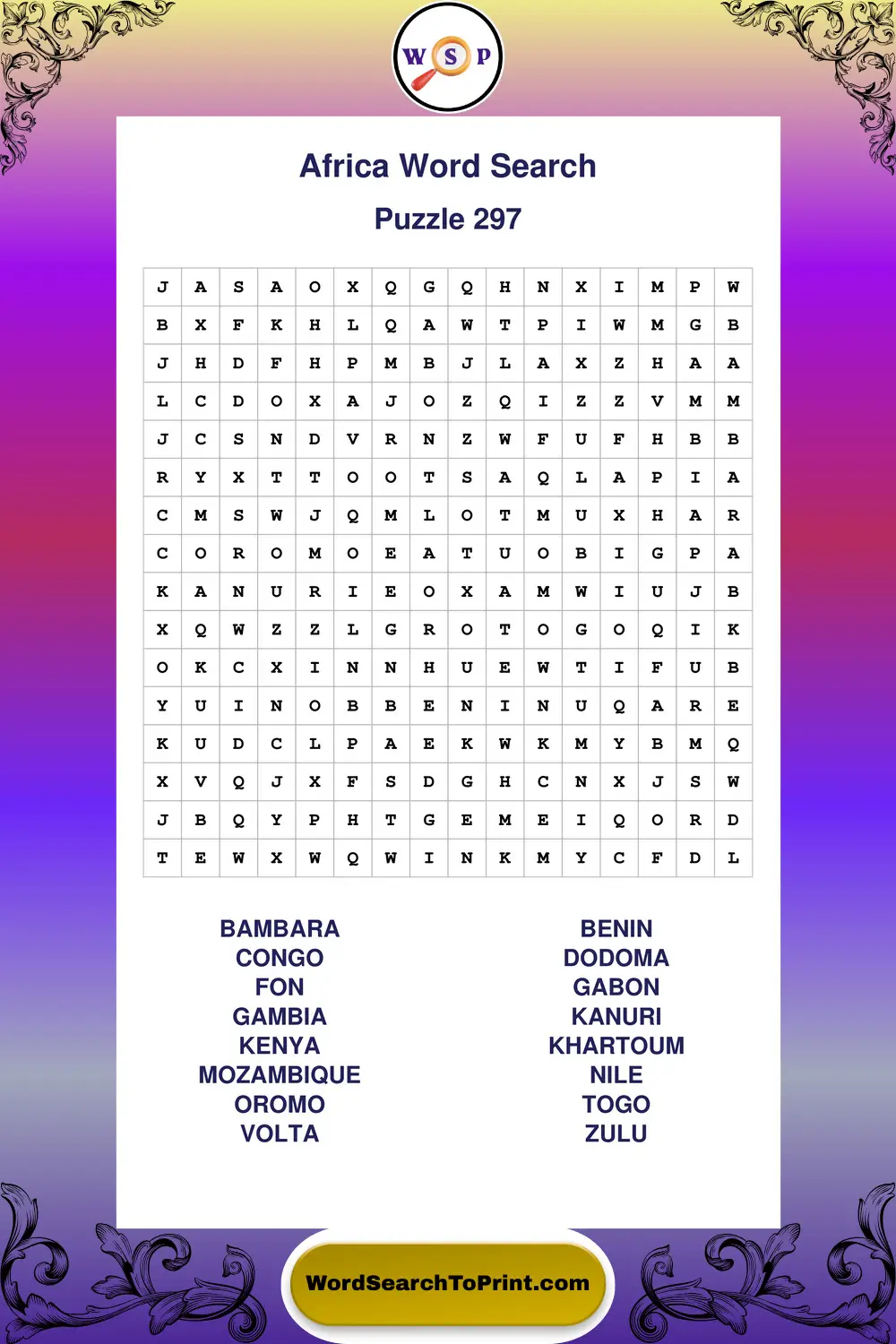 Africa Word Search Puzzle 297