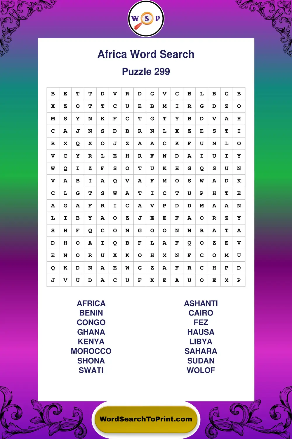 Africa Word Search Puzzle 299