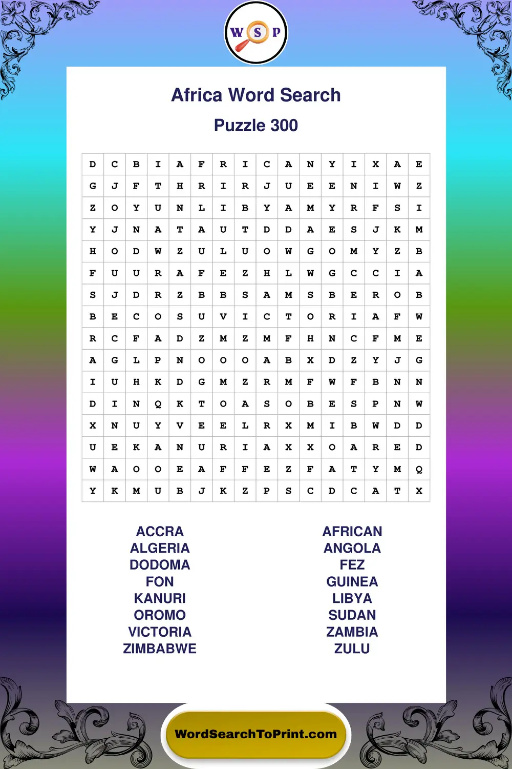 Africa Word Search Puzzle 300