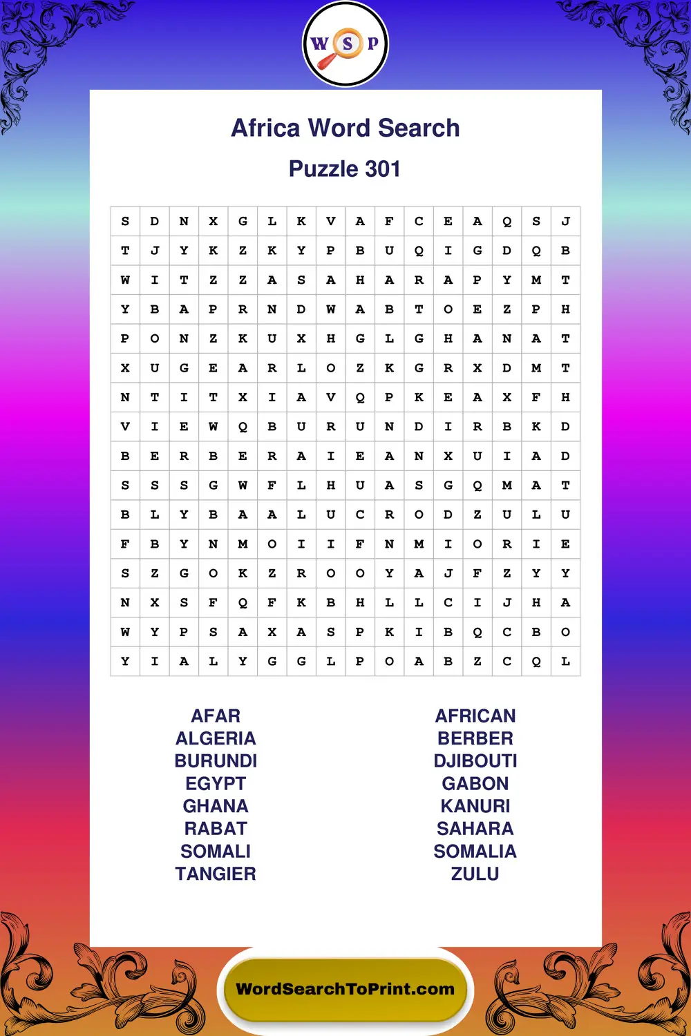 Africa Word Search Puzzle 301