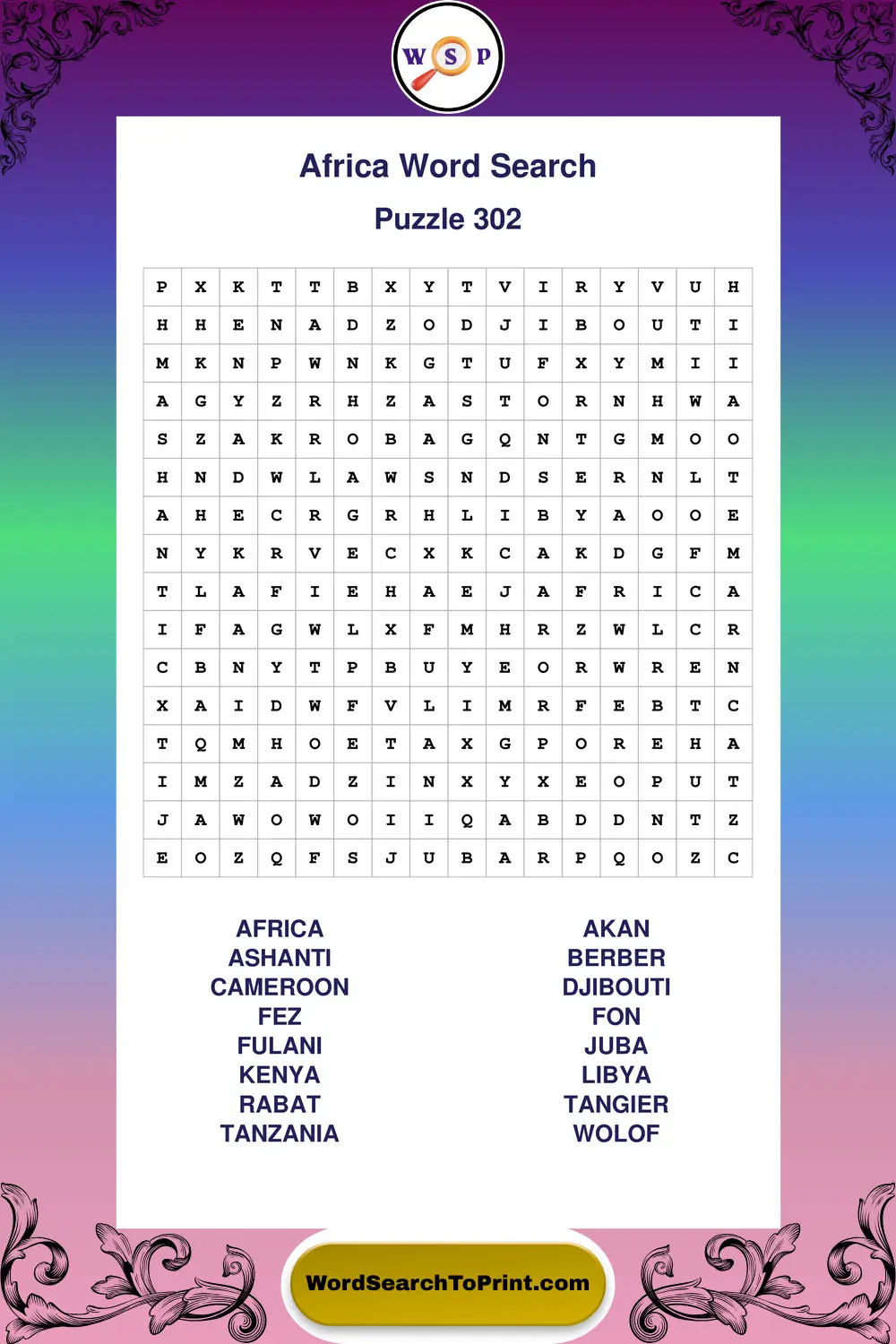 Africa Word Search Puzzle 302