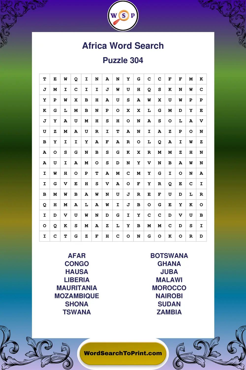 Africa Word Search Puzzle 304