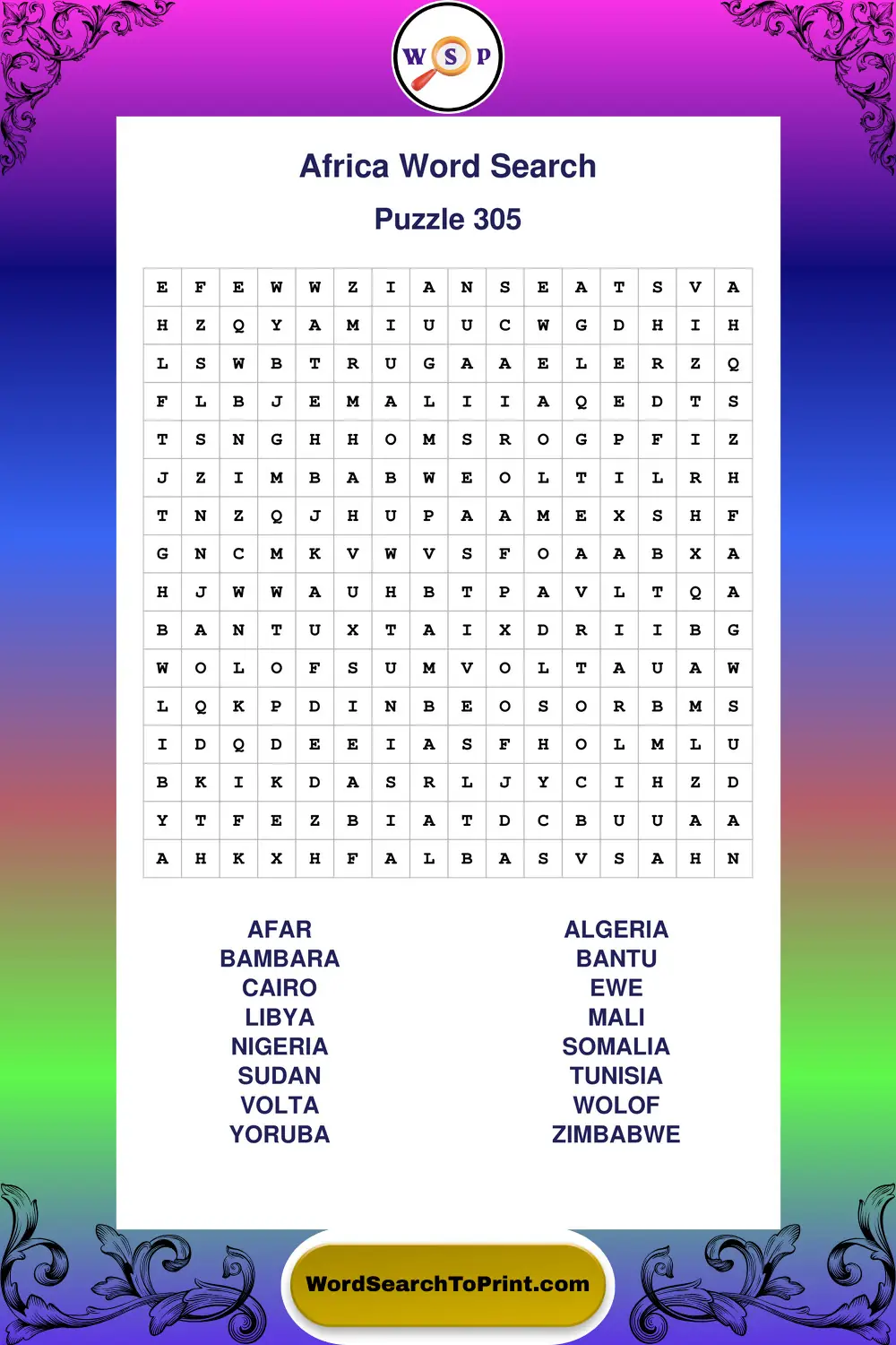 Africa Word Search Puzzle 305