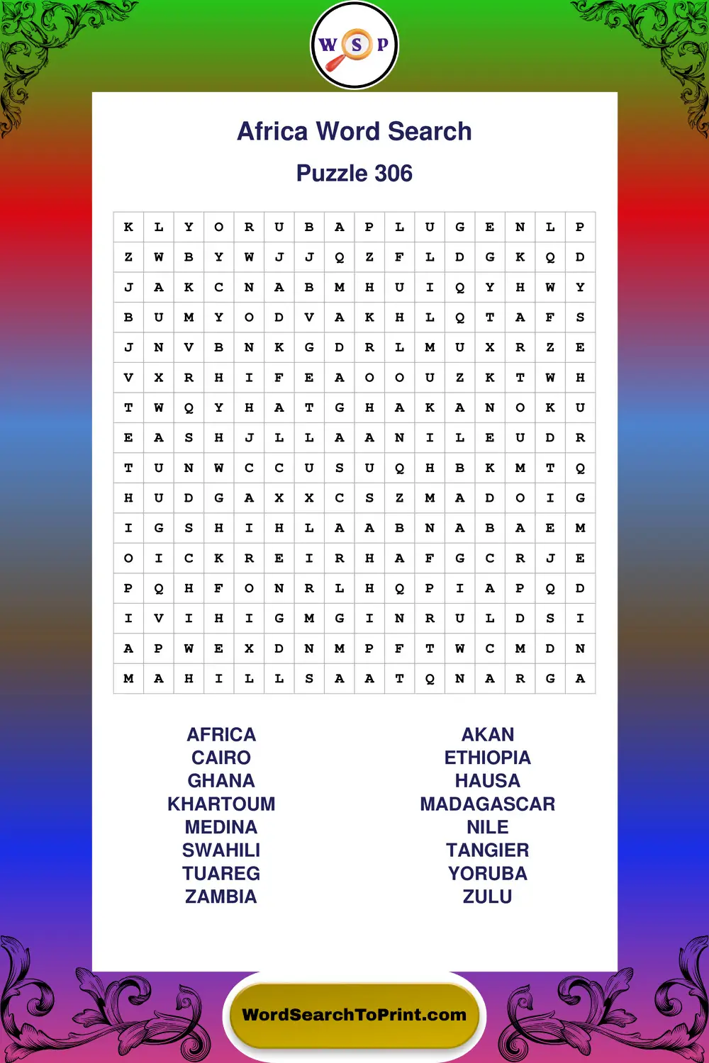 Africa Word Search Puzzle 306