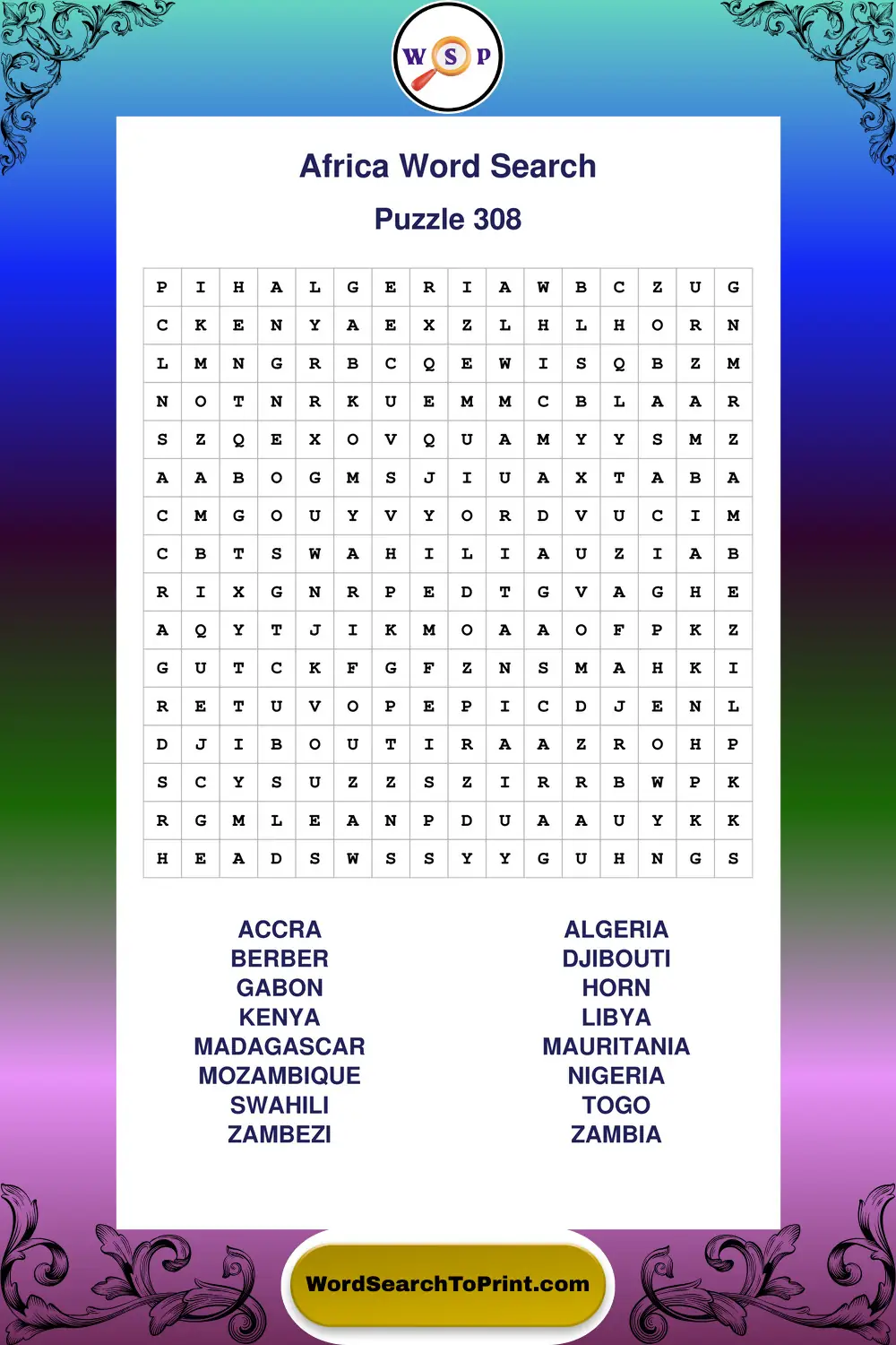 Africa Word Search Puzzle 308
