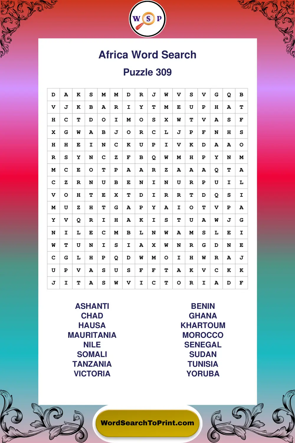 Africa Word Search Puzzle 309