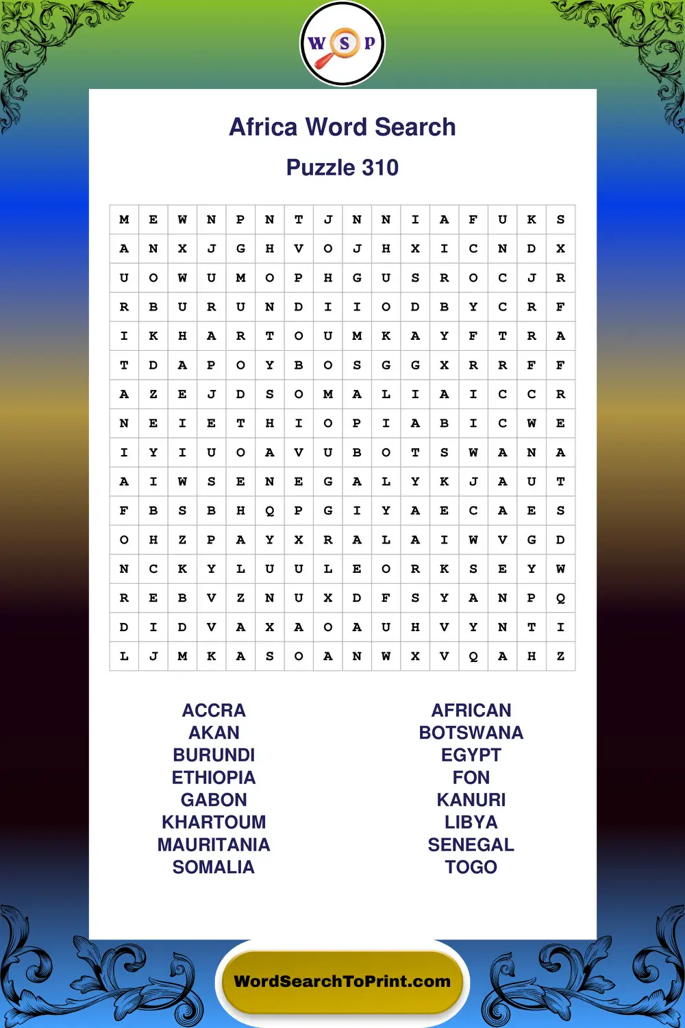 Africa Word Search Puzzle 310