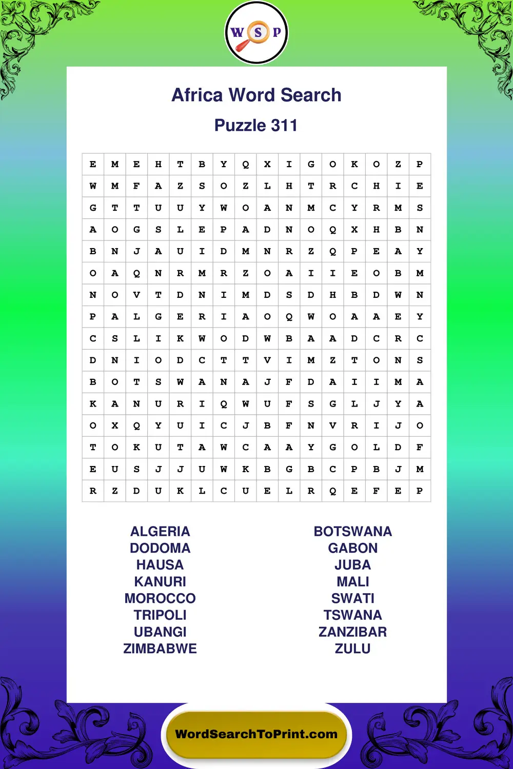 Africa Word Search Puzzle 311