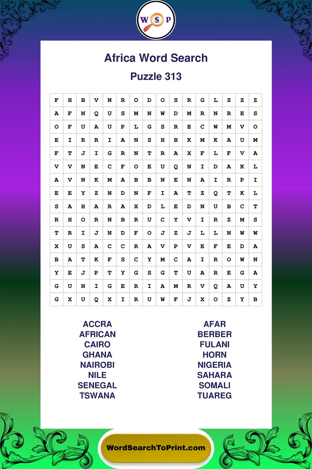 Africa Word Search Puzzle 313