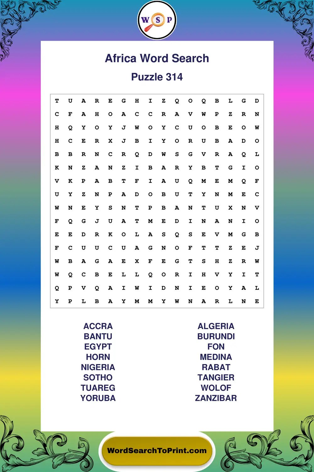 Africa Word Search Puzzle 314